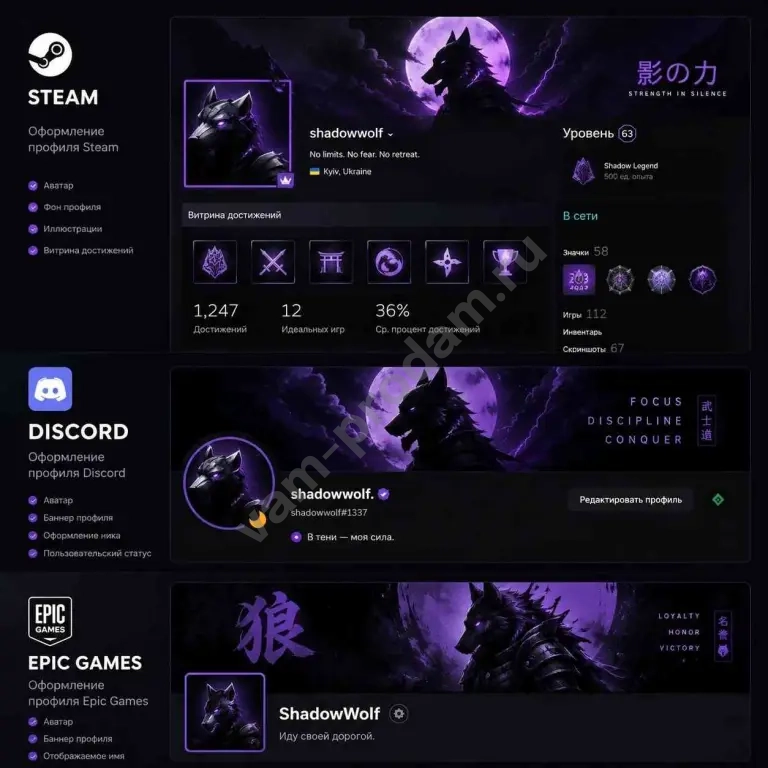 Оформление игровых профилей Steam, Discord, Epic Games
