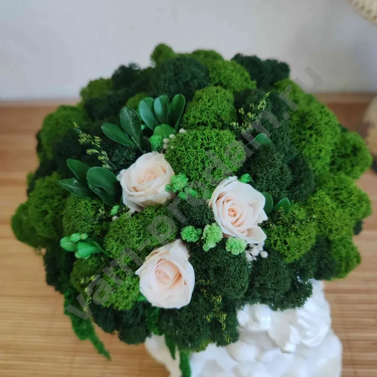 Композиция *Ангел, несущий уют* из стабилизированных роз, мха и других растений