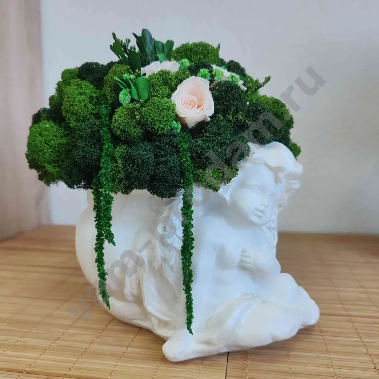 Композиция *Ангел, несущий уют* из стабилизированных роз, мха и других растений