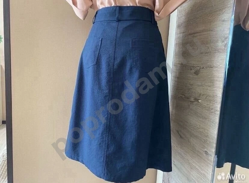 Льняная юбка синяя на пуговицах 46 как новая