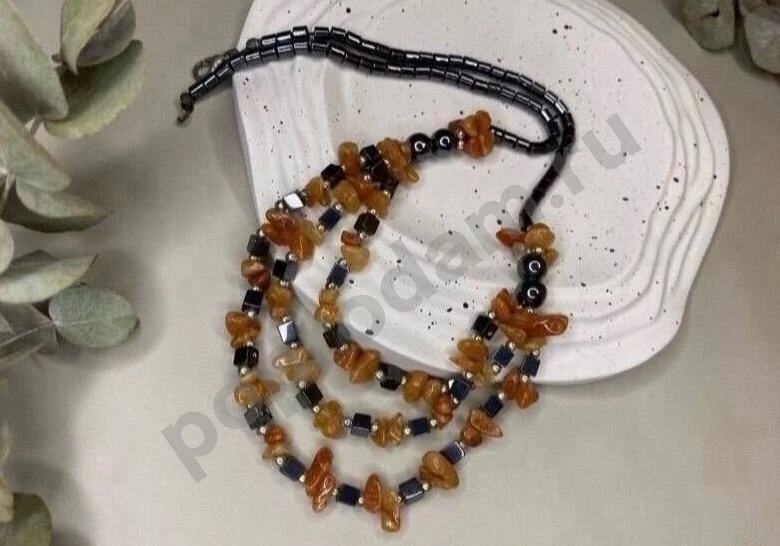 Винтажные бусы колье из сердолика и гематита