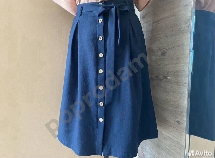 Льняная юбка синяя на пуговицах 46 как новая