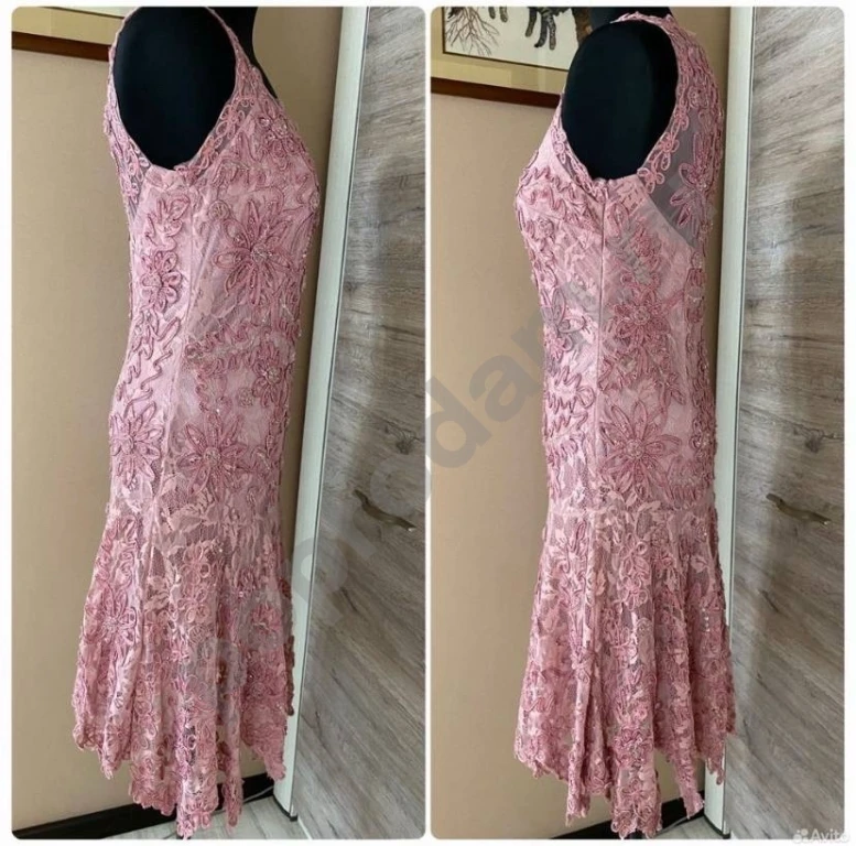 Пудровое платье ручная вышивка бисером 46-48