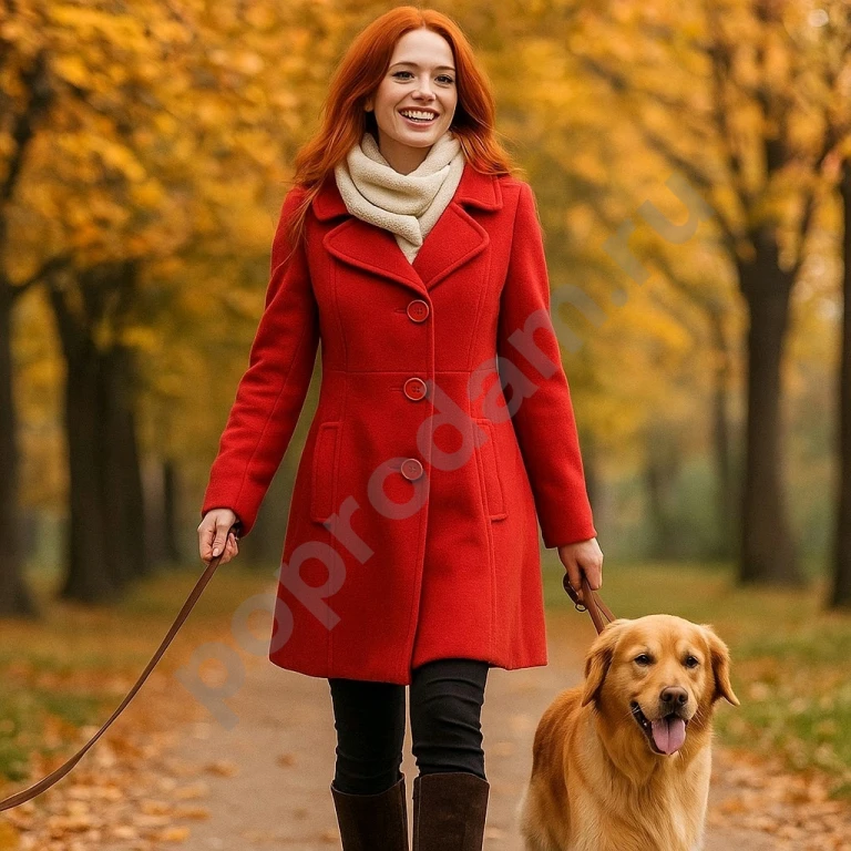 Пальто женское демисезонное красного цвета классического силуэта с карманами.