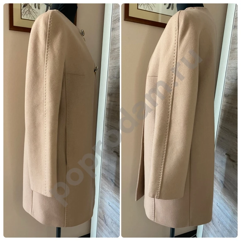 Пудровое пальто с круглым воротом 46-48