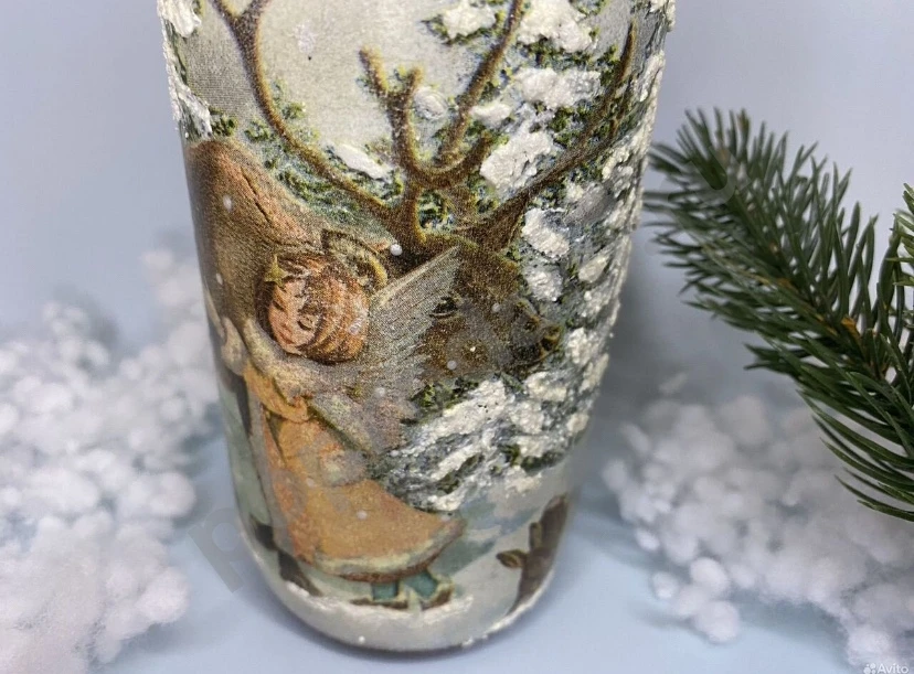 Новогодняя бутылка декупаж ангел в зимнем лесу