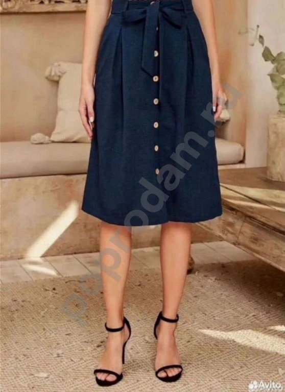 Льняная юбка синяя на пуговицах 46 как новая