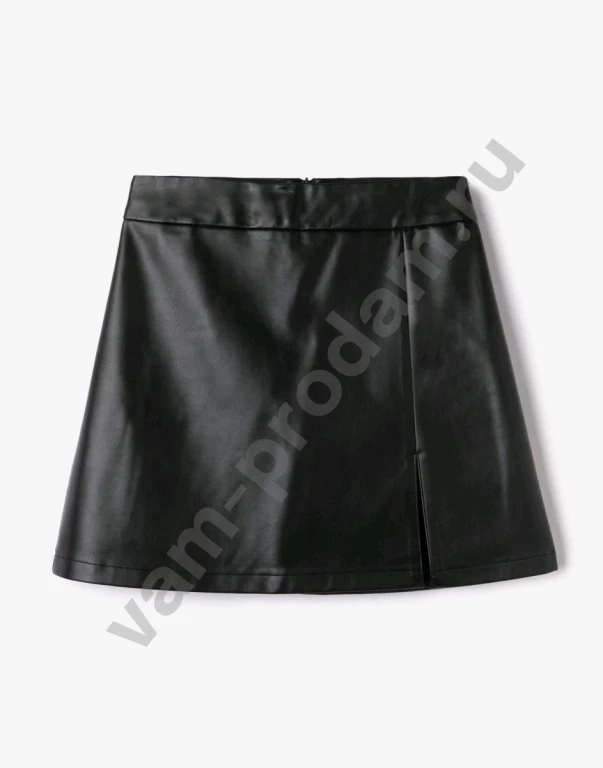 Черная юбка-трапеция из экокожи с разрезом Gloria Jeans