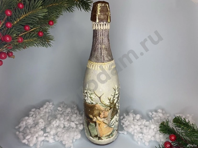 Новогодняя бутылка декупаж ангел в зимнем лесу