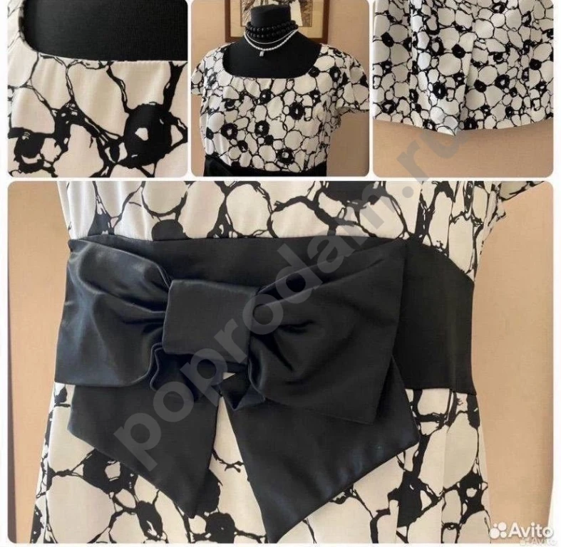 Черно-белое платье футляр 52 с бантом абстракция