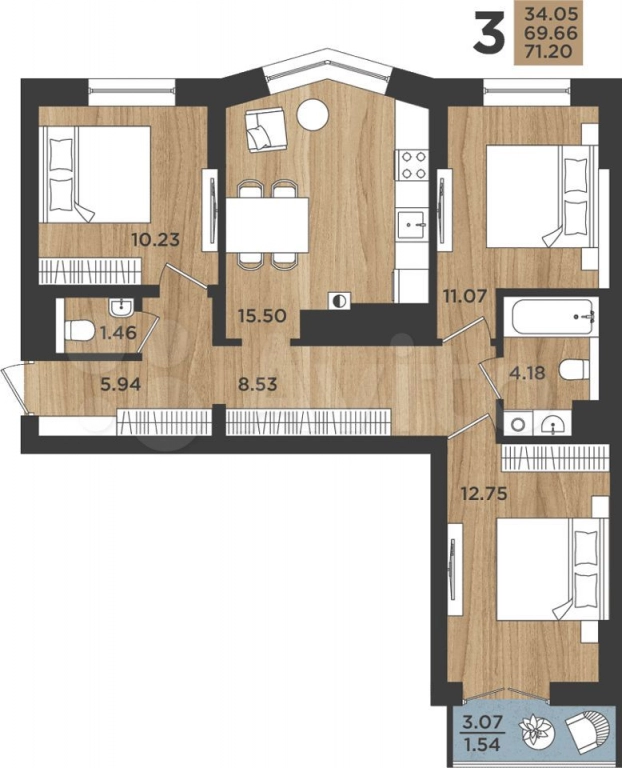 3-к квартира, 71.2 кв.м, 15/16 эт.