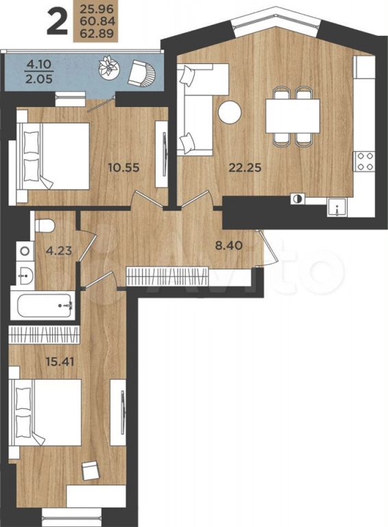 2-к квартира, 62.9 кв.м, 10/17 эт.