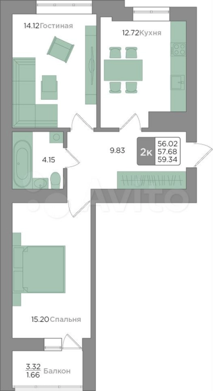 2-к квартира, 57.7 кв.м, 7/9 эт.