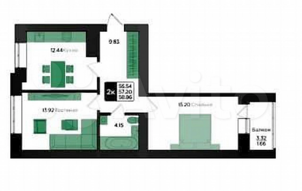 2-к квартира, 57.2 кв.м, 3/9 эт.