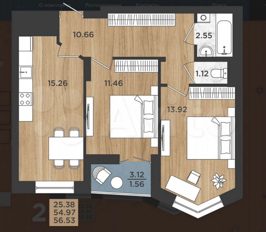 2-к квартира, 56.5 кв.м, 10/16 эт.