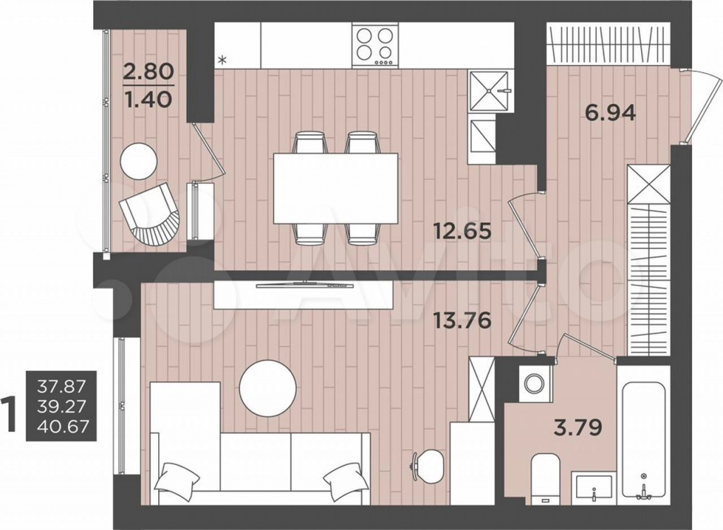 1-к квартира, 39.3 кв.м, 9/9 эт.