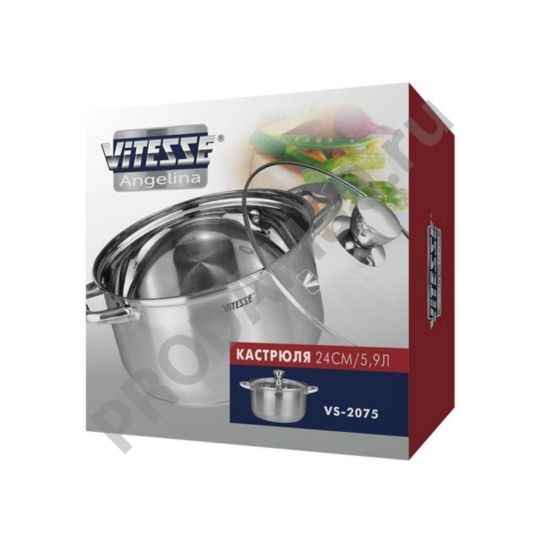 Кастрюля Vitesse VS-2075 обьём 5,9л 24см (серия Angelina) нерж стекло кр (4)