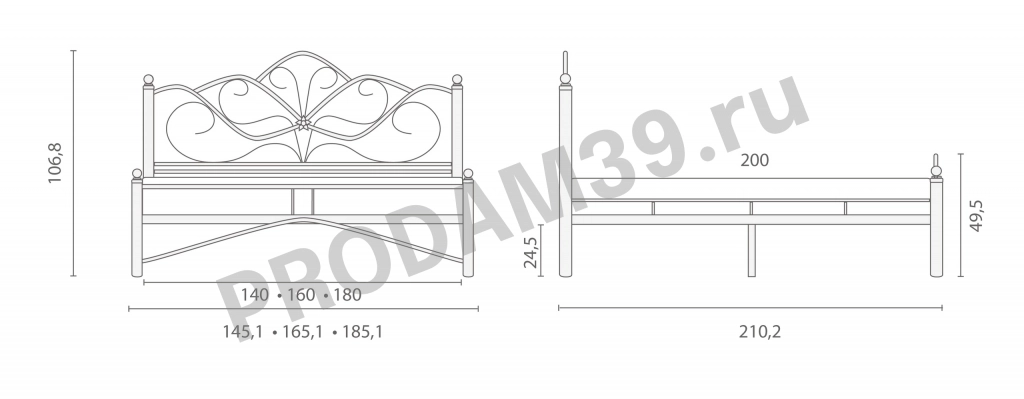 Кровать металлическая Luara, цвет черный, 140*200