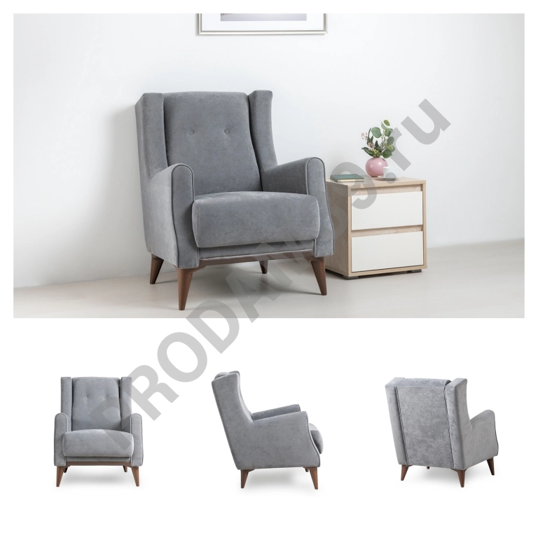 Кресло Плимут, серый велюр. Ткань легко чистится, устойчива к зацепам, ЭконоМебель