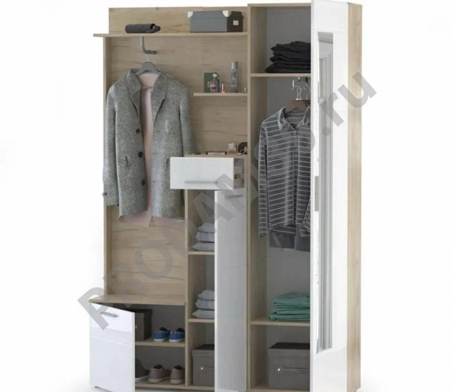 Прихожая Лайн, корпус дуб крафт серый/фасады МДФ белый глянец