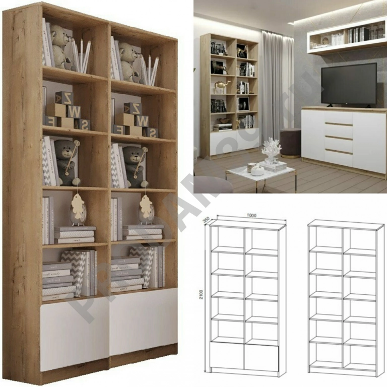 Стеллаж 100х210х35 белый глянец/дуб, в наличии