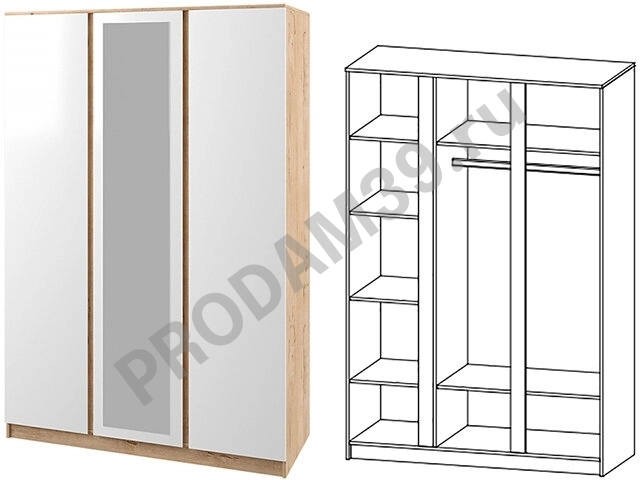 Шкаф Марли, белый глянец/дуб бунратти, Ширина140см Глубина57.4см Высота210см