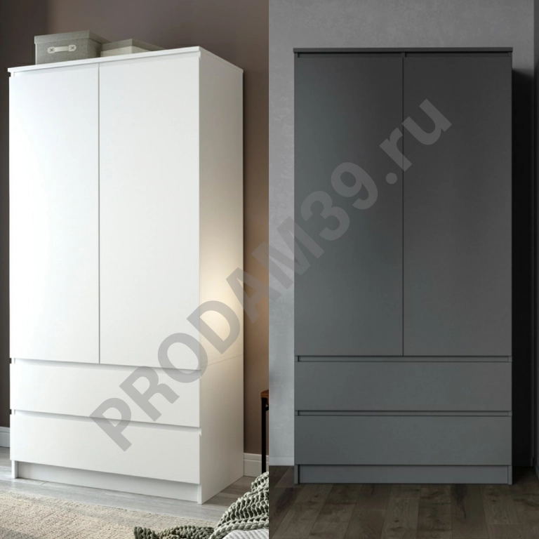 Шкаф двухстворчатый белый, графит (штанга полки ящики)