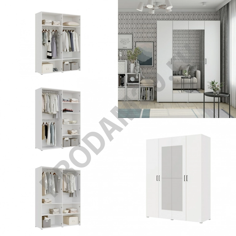 Шкаф 4дв с зеркалом белый, 1600х2072х570