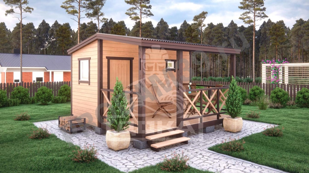 Каркасная баня с верандой под ключ, 2х4 м, 16 кв.м