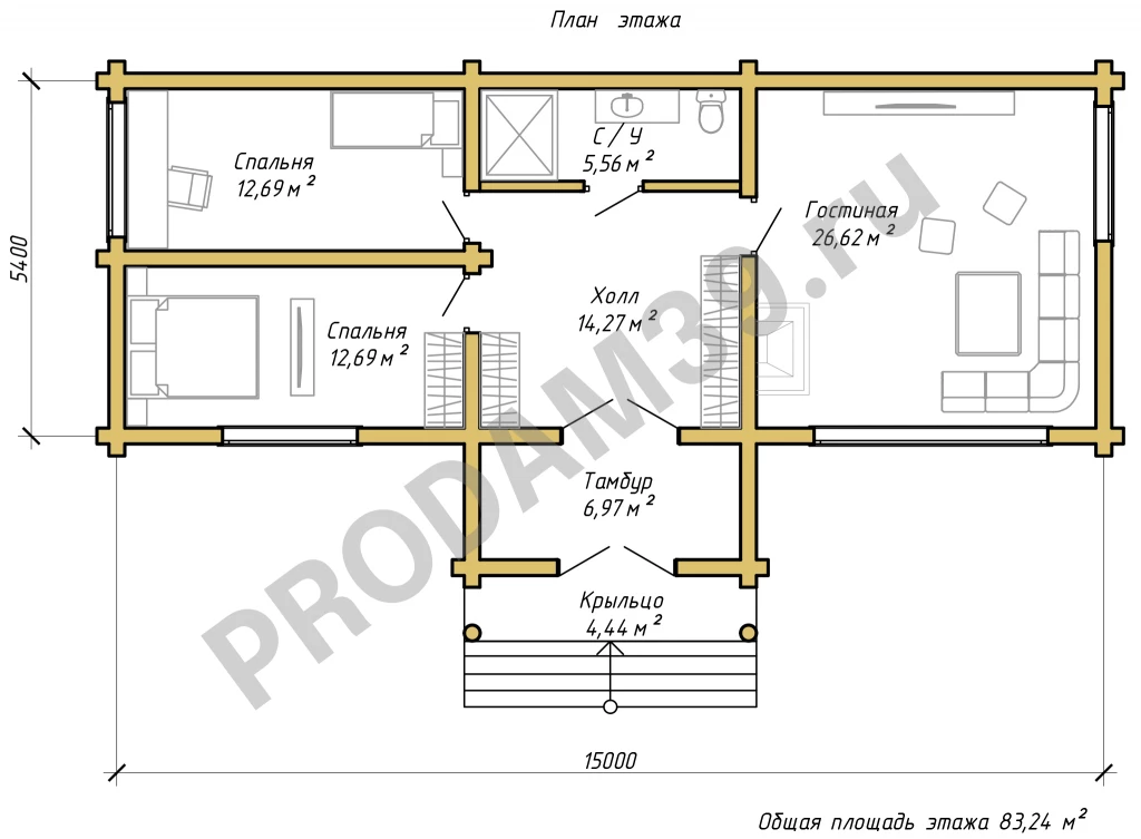 Строительство домов из бруса и бревна, проект 83 кв.м
