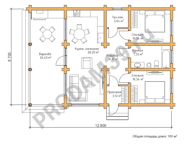 Строительство домов из бруса и бревна, проект 100 кв.м
