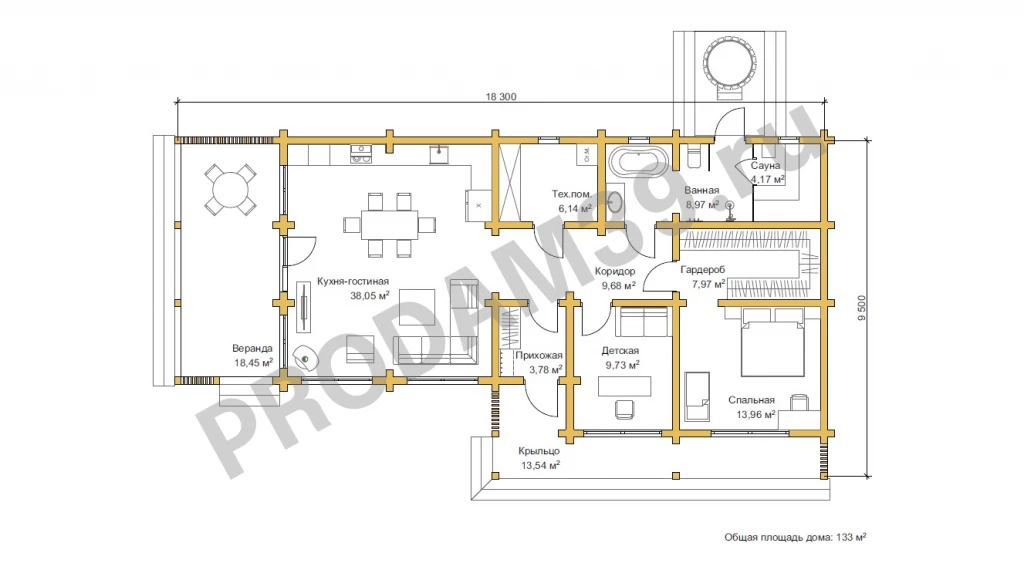 Строительство домов из бруса и бревна, проект 133 кв.м