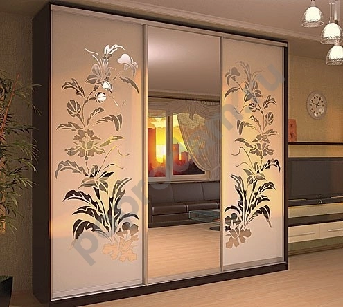 Шкаф купе с зеркалом и пескоструйным рисунком