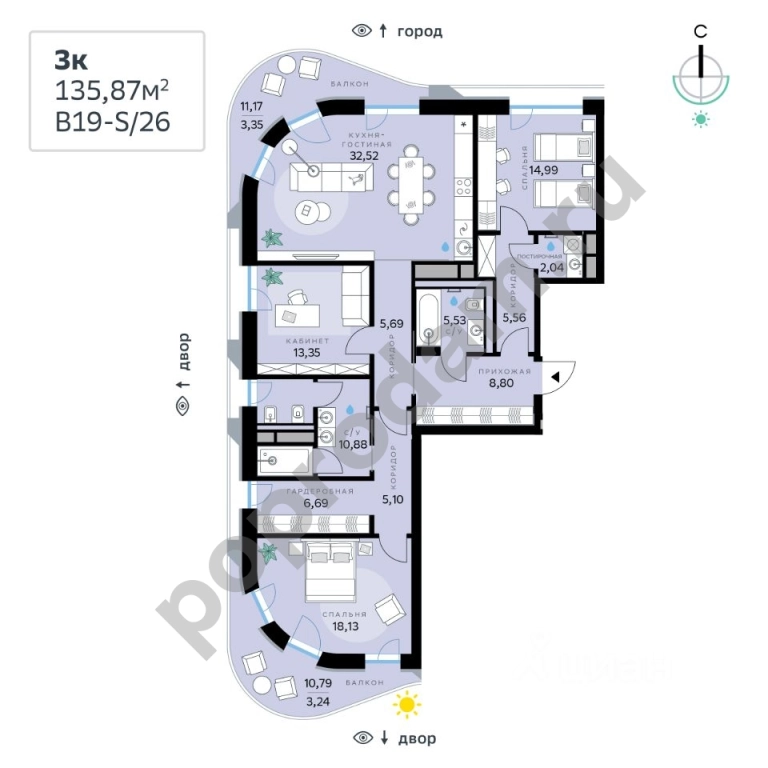 3-к кв. Москва Рублево-Архангельское мкр, В19 кв-л, Сберсити жилой комплекс (135.87 кв.м)