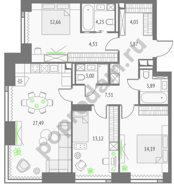 3-к кв. Москва Огородный проезд, 4С2 (98.32 кв.м)