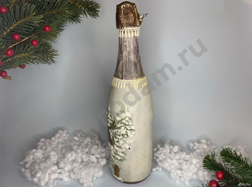 Новогодняя бутылка декупаж ангел в зимнем лесу