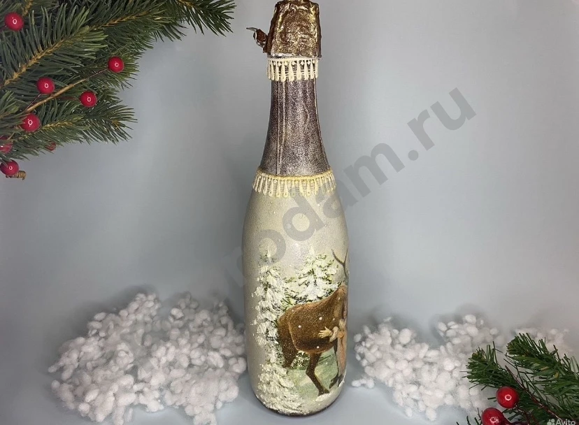 Новогодняя бутылка декупаж ангел в зимнем лесу