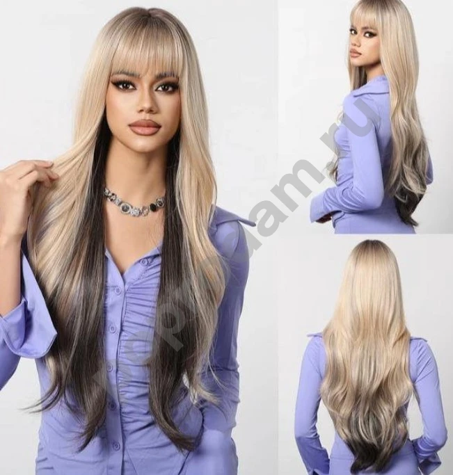 Парик длинный блонд с челкой новый