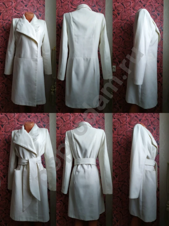 Пальто женское демисезонное белого цвета с потайными пуговицами и с поясом