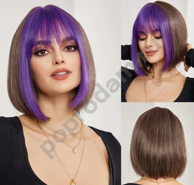 Парик каре с фиолетовой челкой Новый