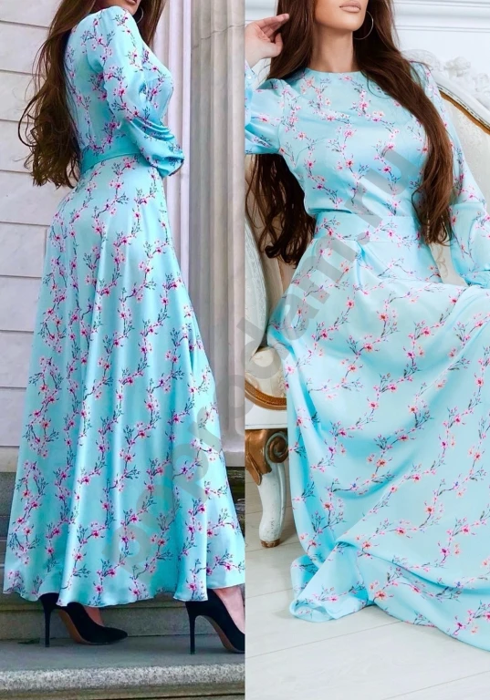 Брендовое голубое цветочное платье с поясом