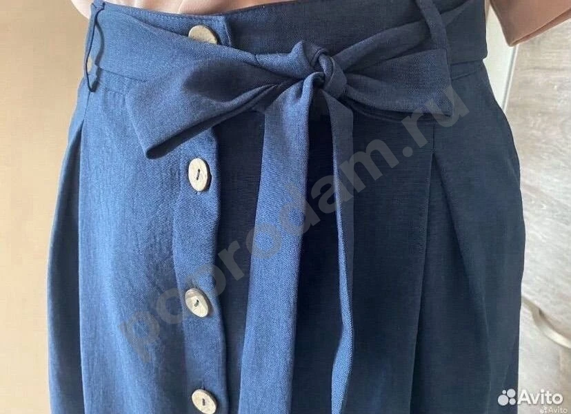 Льняная юбка синяя на пуговицах 46 как новая