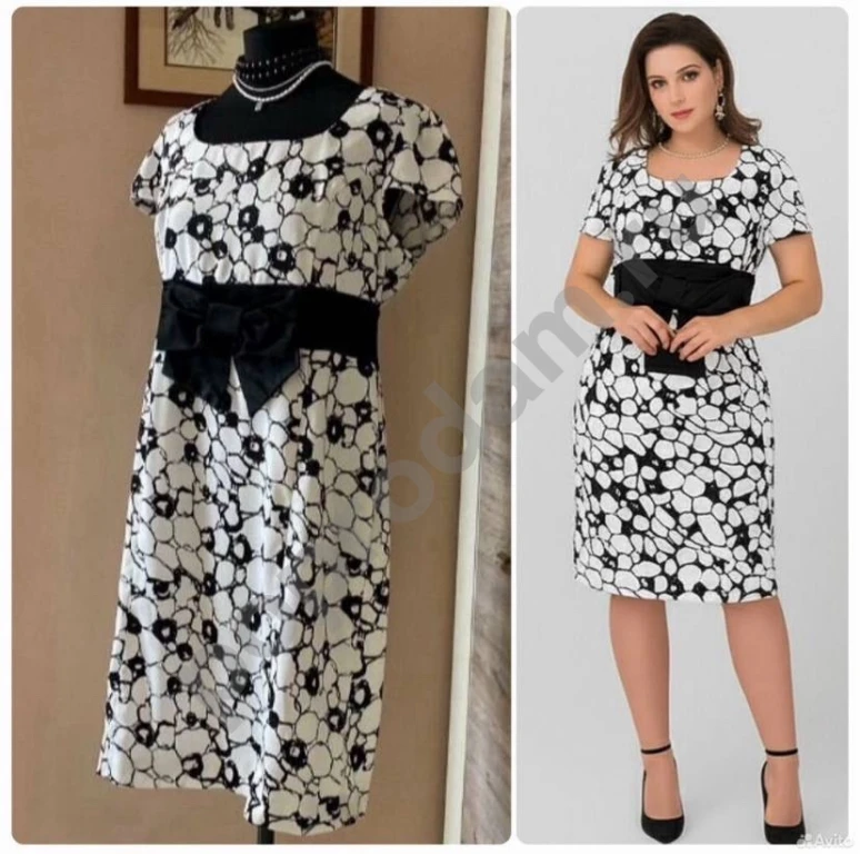 Черно-белое платье футляр 52 с бантом абстракция