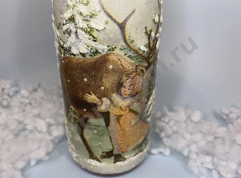 Новогодняя бутылка декупаж ангел в зимнем лесу