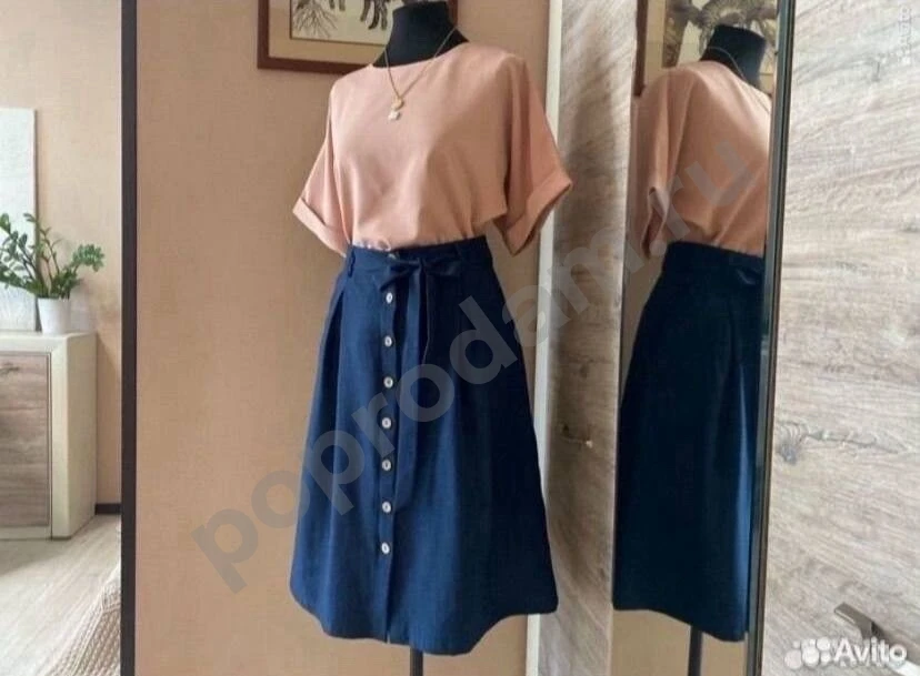 Льняная юбка синяя на пуговицах 46 как новая