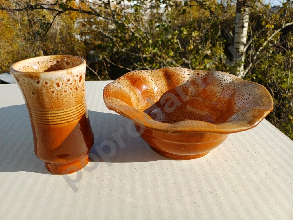 Набор из керамики. Ваза для салата или фруктов и стакан. СССР. Обливная керамика.