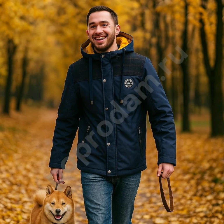 Мужская демисезонная куртка синего цвета с капюшоном