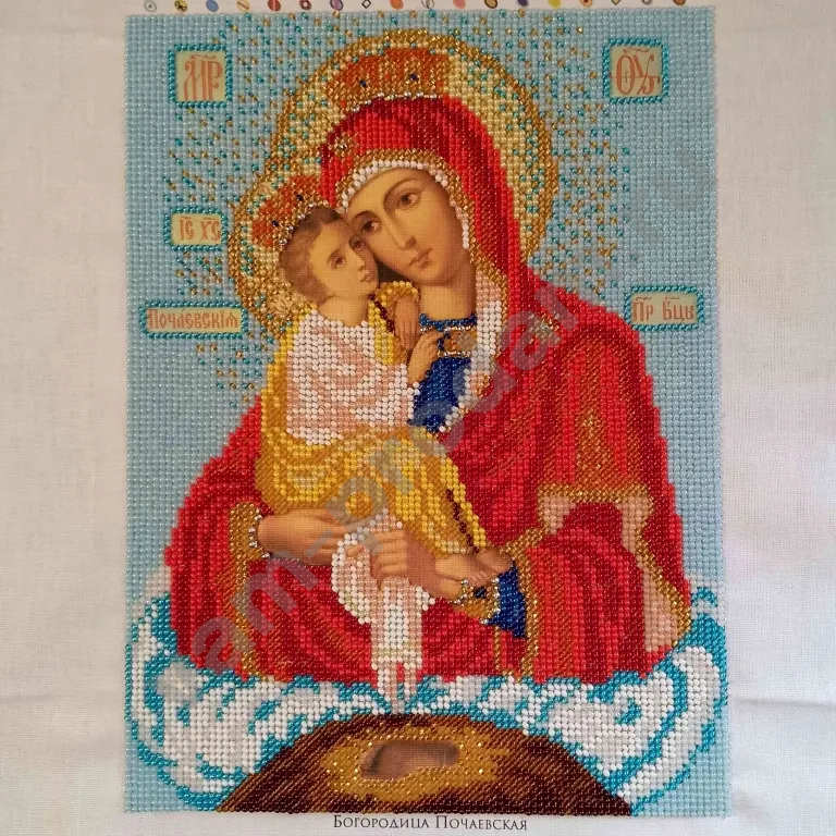 Икона вышитая бисером "Богородица Почаевская",ручная работа