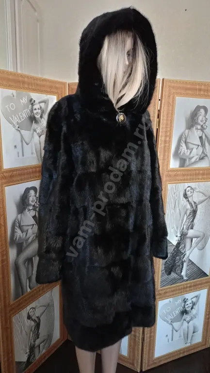 Шуба норковая р 42 чёрная с капюшоном