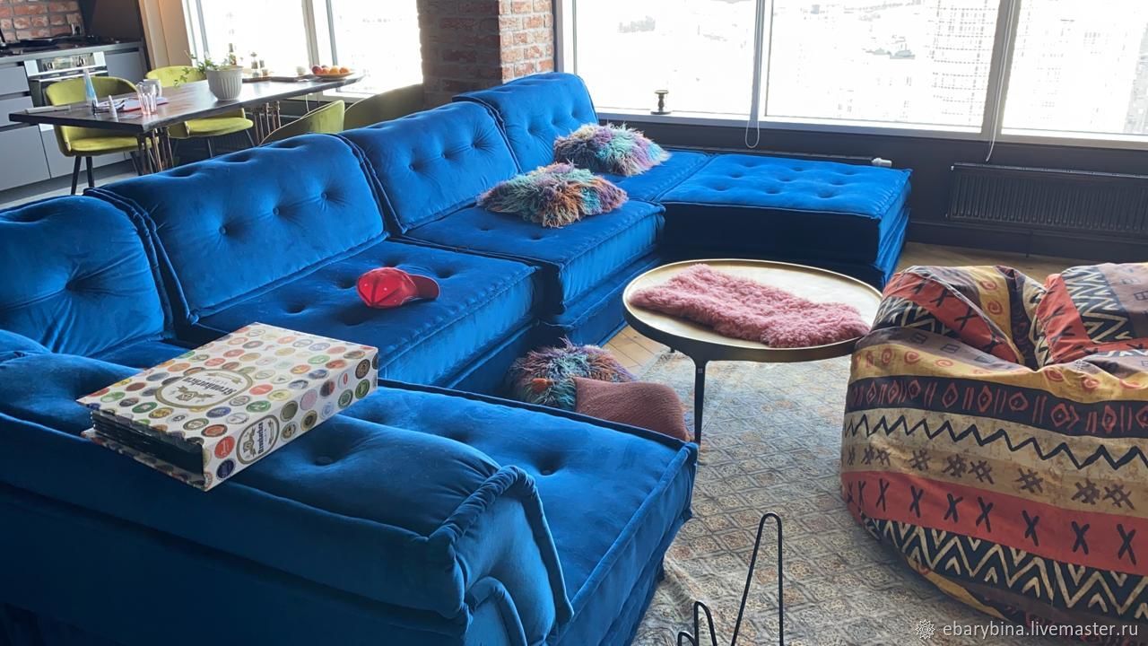 Диван Маджонг в синем велюре